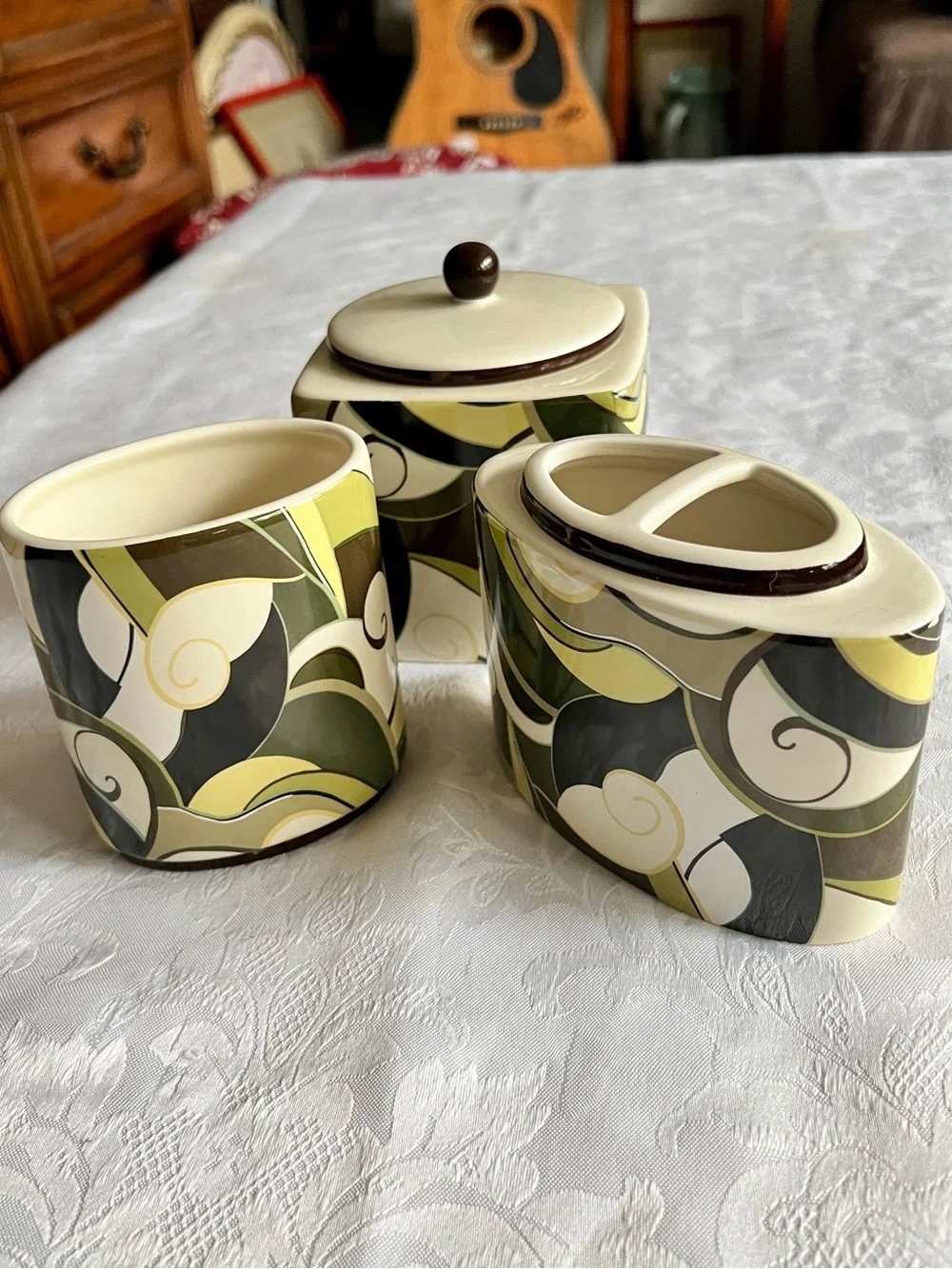 Ceramic Countertop Bathroom Set in Cream and Olive Green